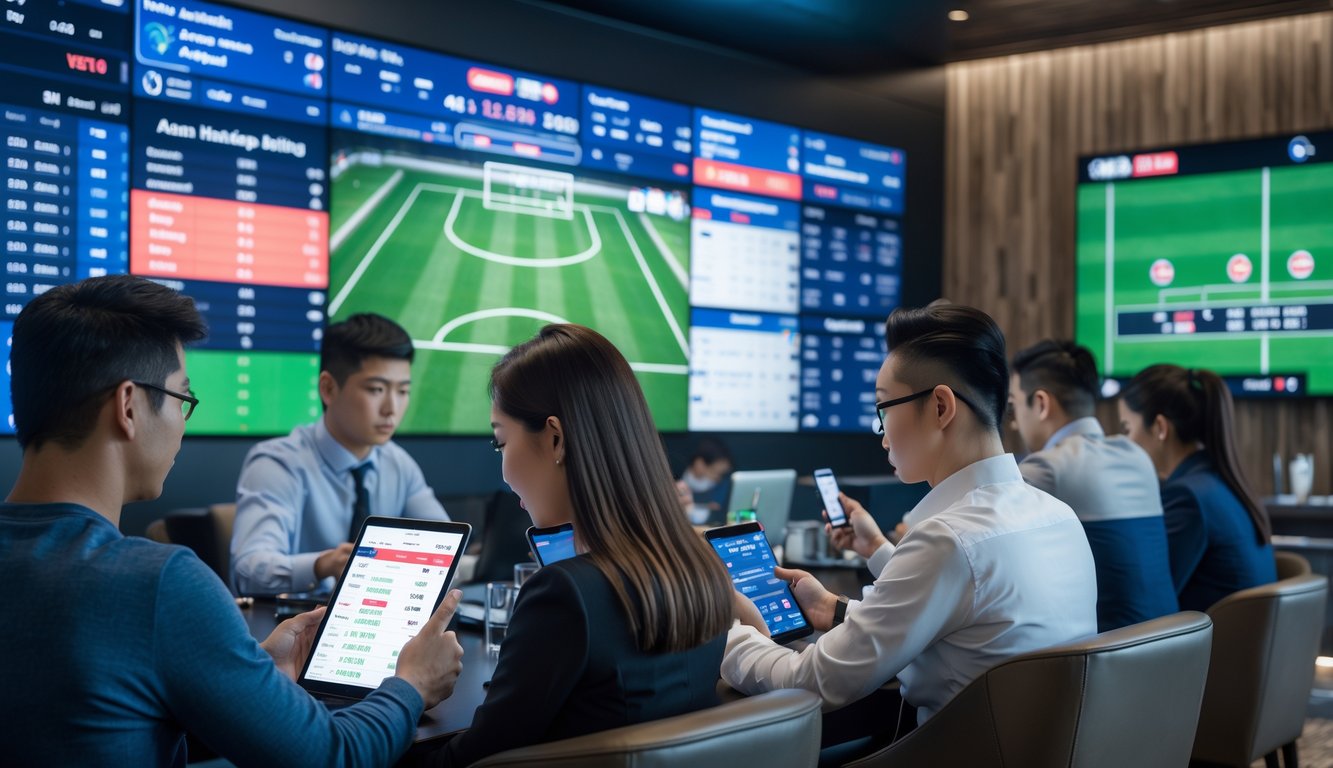 Orang-orang sedang menggunakan perangkat digital untuk memasang taruhan sepak bola dengan fitur handicap Asia di sebuah ruangan modern.