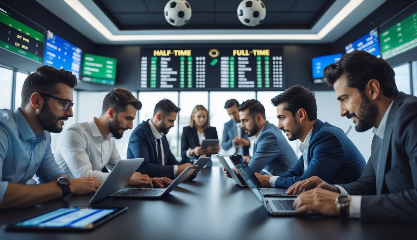 Orang-orang sedang melihat layar besar dengan statistik dan skor pertandingan sepak bola di ruang modern.