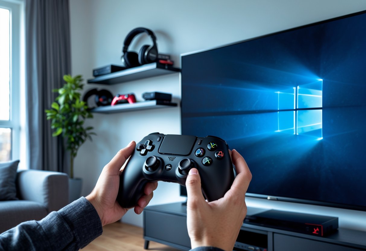Person adjusting a gaming console setup in a living room with a TV and gaming controller.
