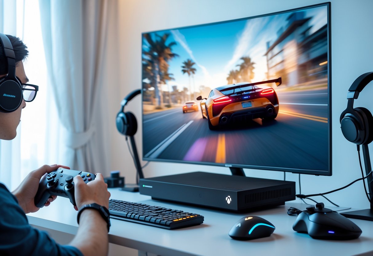 A person holding a game controller playing a video game on a large TV screen with a gaming console nearby.