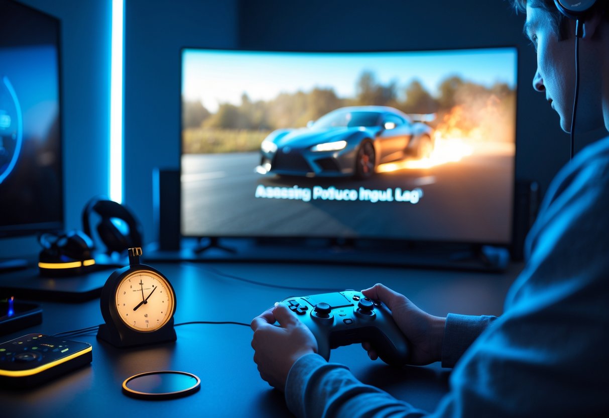 Person holding a game controller in front of a TV with a stopwatch on the desk, surrounded by gaming accessories.