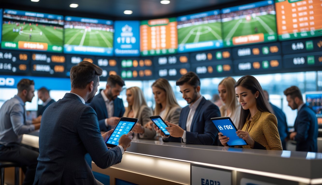 Orang-orang sedang memasang taruhan sepak bola di sportsbook dengan layar besar menampilkan pertandingan dan peluang taruhan.