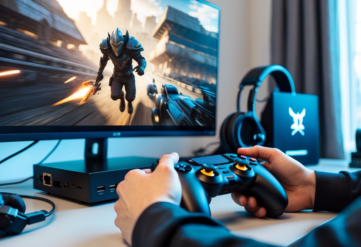 A person holding a game controller in front of a TV showing a video game with a gaming console and equipment nearby.
