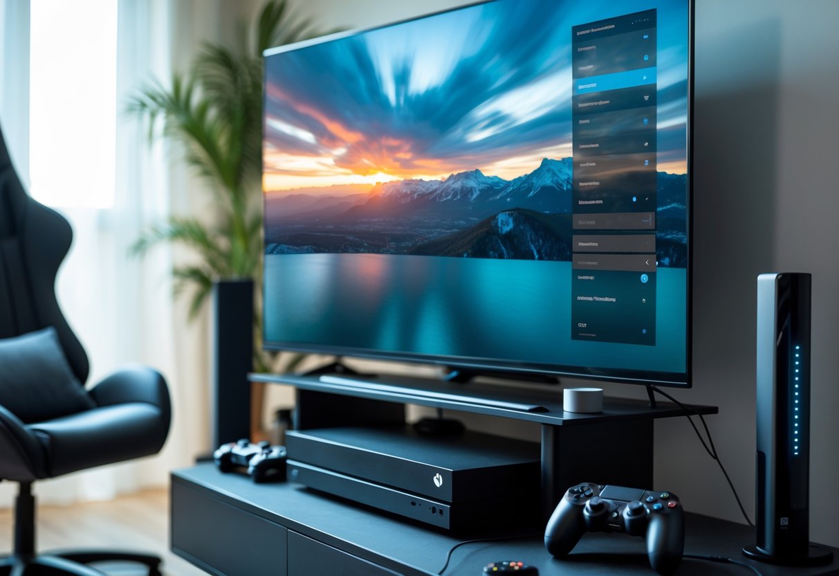 A modern living room with a gaming console connected to a large TV displaying a fast-paced video game, a controller on a media stand, and a gaming chair in the background.