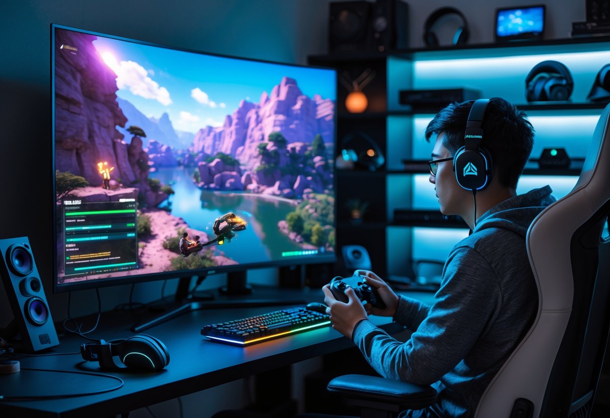 A person playing a video game on a console with a controller in hand, sitting in front of a large TV displaying a game screen in a well-organized gaming room.