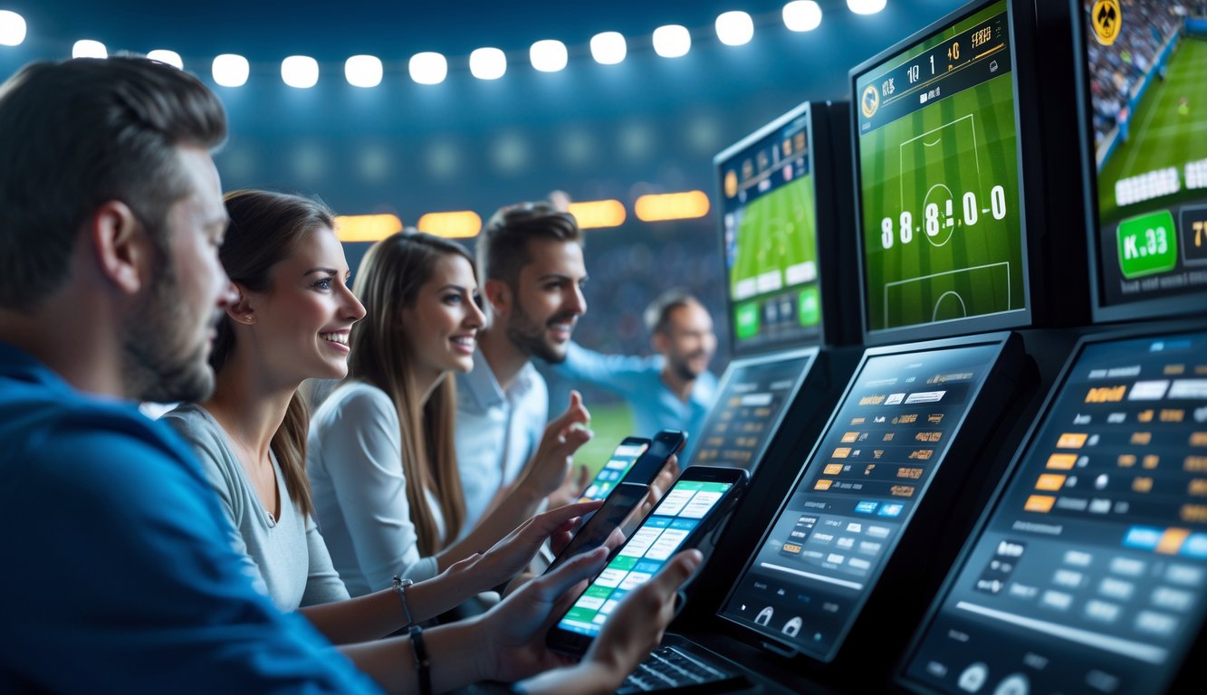 Orang-orang sedang menggunakan terminal taruhan olahraga dengan layar yang menampilkan statistik dan skor pertandingan sepak bola.
