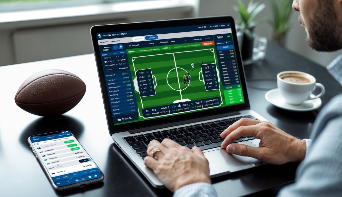 Seseorang sedang menggunakan laptop dan ponsel untuk memasang taruhan sepak bola dengan fokus pada hasil babak pertama dan penuh waktu.