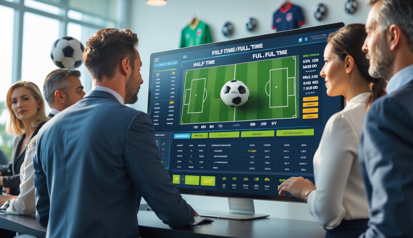 Orang-orang sedang menggunakan layar sentuh besar untuk memasang taruhan sepak bola dengan fokus pada taruhan babak pertama dan akhir pertandingan.