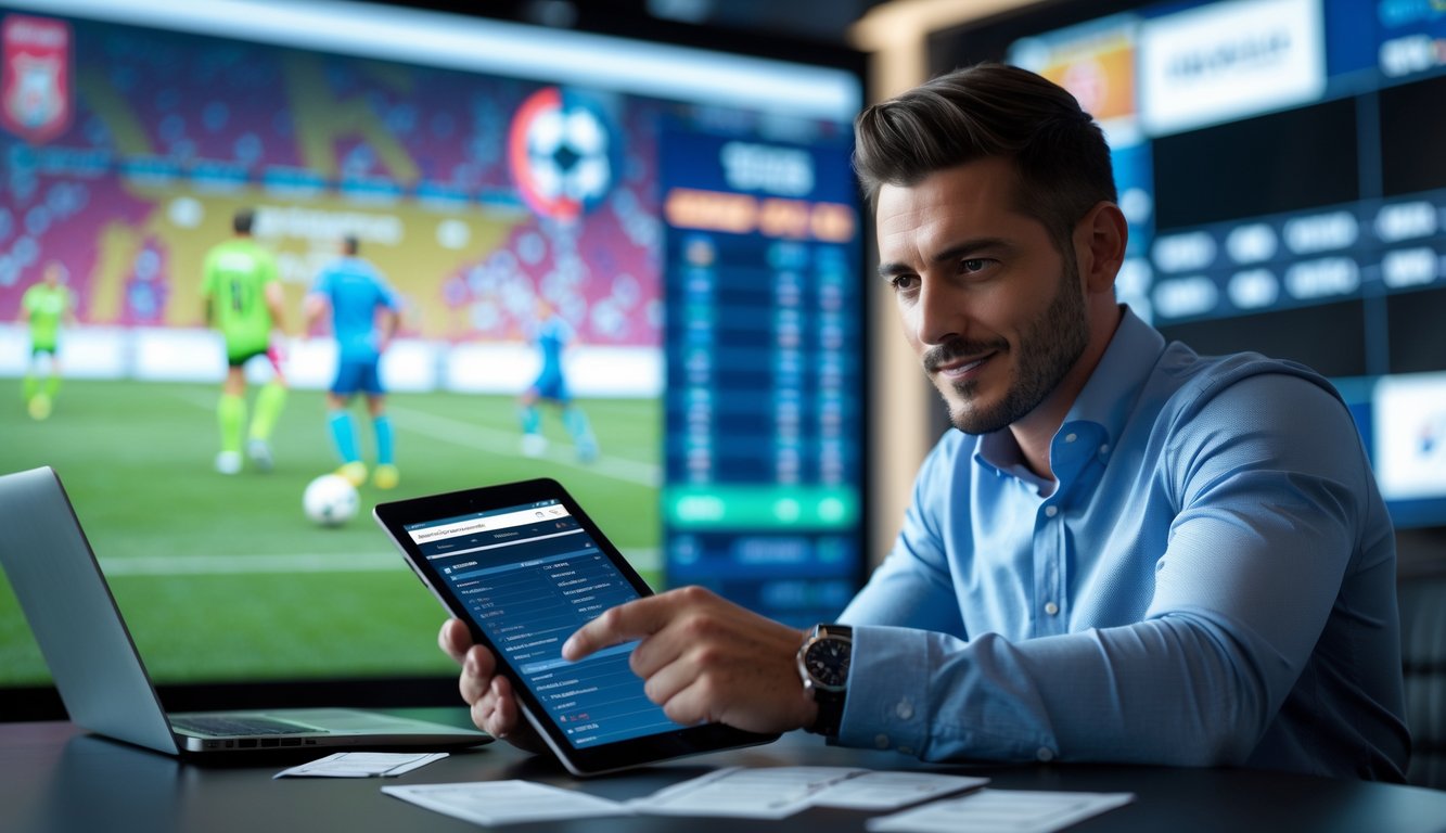 Seorang pria fokus menganalisis statistik pertandingan sepak bola menggunakan tablet di ruang taruhan olahraga modern.
