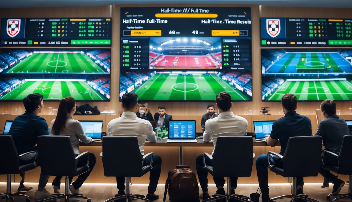 Orang-orang sedang menonton layar besar dengan statistik dan pilihan taruhan sepak bola setengah waktu dan penuh waktu dalam ruang taruhan modern.