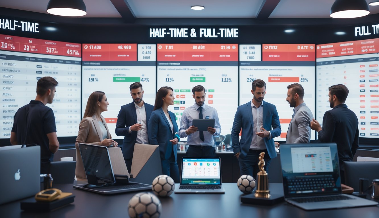 Orang-orang di ruang taruhan bola yang modern sedang menganalisis data pertandingan sepak bola dengan layar digital dan perangkat elektronik.