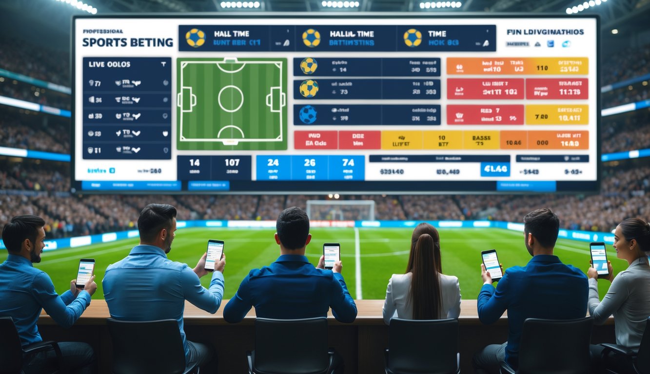 Orang-orang sedang menggunakan perangkat elektronik untuk memasang taruhan sepak bola saat pertandingan berlangsung di stadion yang ramai.