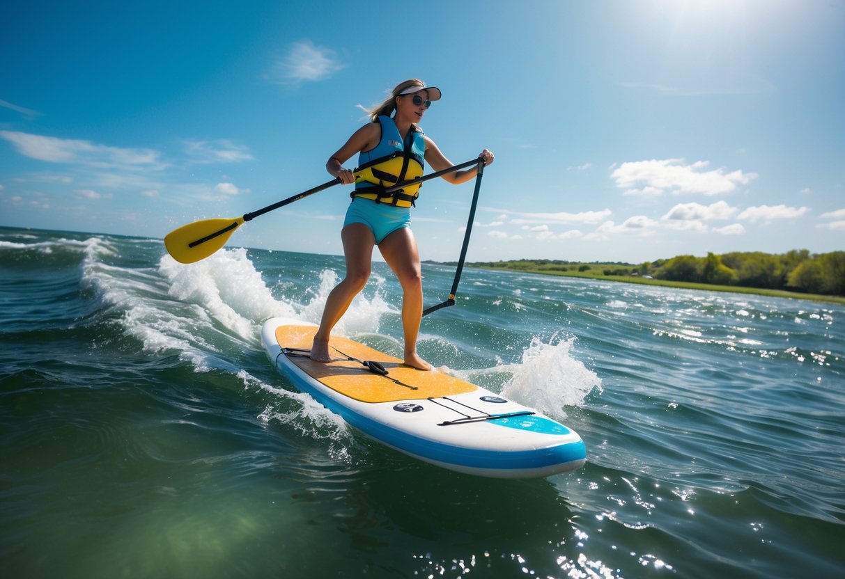 A paddleboarder balancing on choppy water with small waves under a clear sky near a green shoreline.