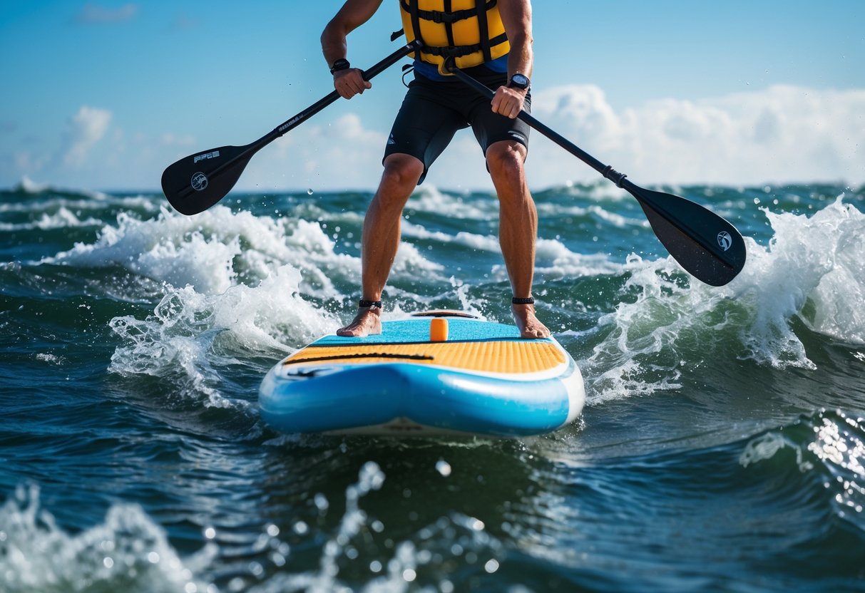 A person paddleboarding on choppy water, balancing on the board while holding a paddle.