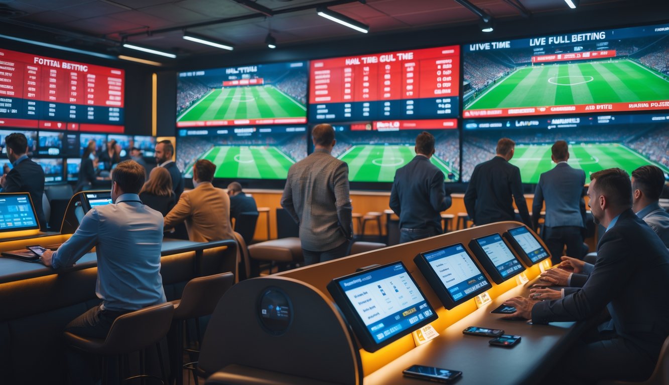 Orang-orang sedang bertaruh pada pertandingan sepak bola secara langsung di ruang taruhan dengan layar besar menampilkan statistik dan skor pertandingan.