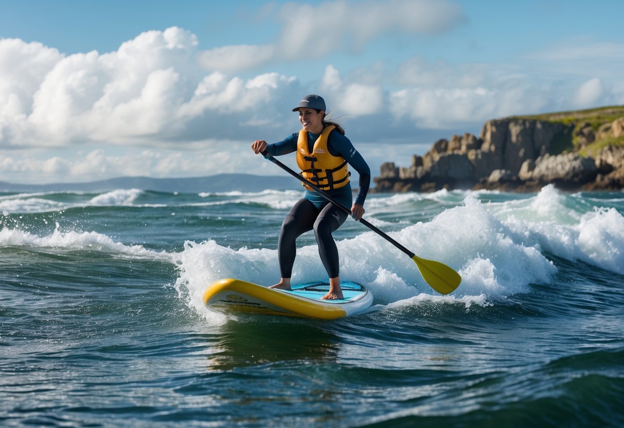 A paddleboarder skillfully navigating rough, choppy water near a rocky coastline under a partly cloudy sky.