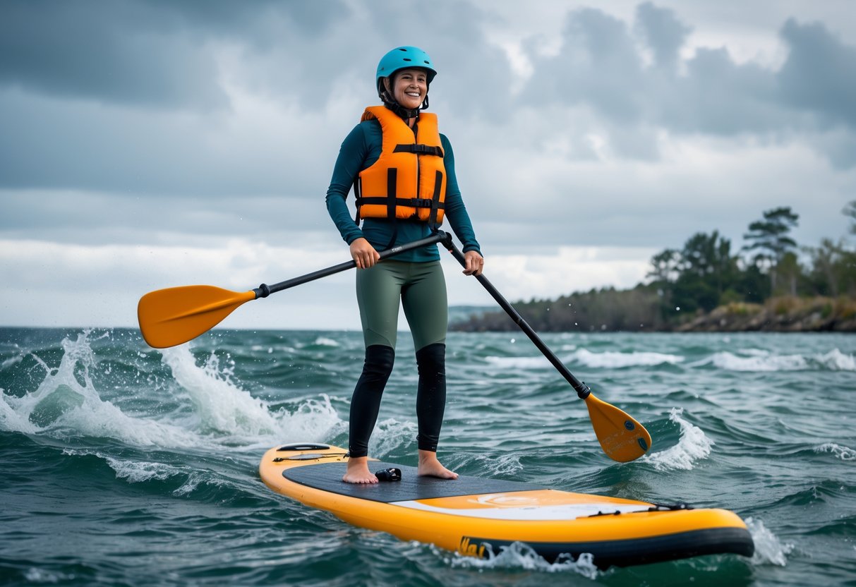 A person paddleboarding on choppy water wearing a life jacket and helmet, holding a paddle with waves around them and a shoreline in the background.