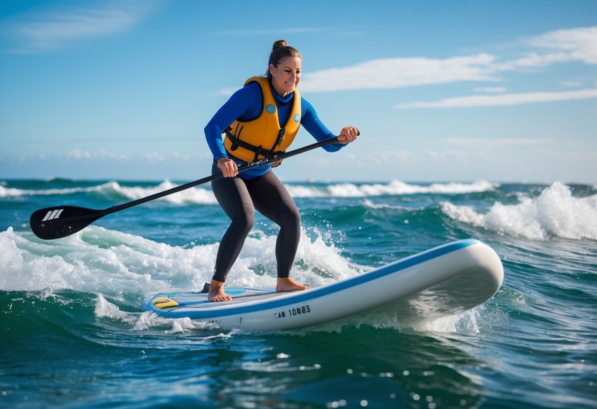 An adult paddleboarder wearing a life jacket balances on a paddleboard in choppy ocean waters under a clear sky.