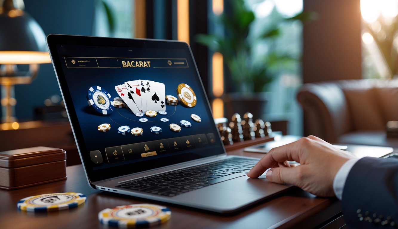 Sebuah meja dengan perangkat digital menampilkan permainan kartu baccarat online, dengan suasana ruangan yang rapi dan nyaman.