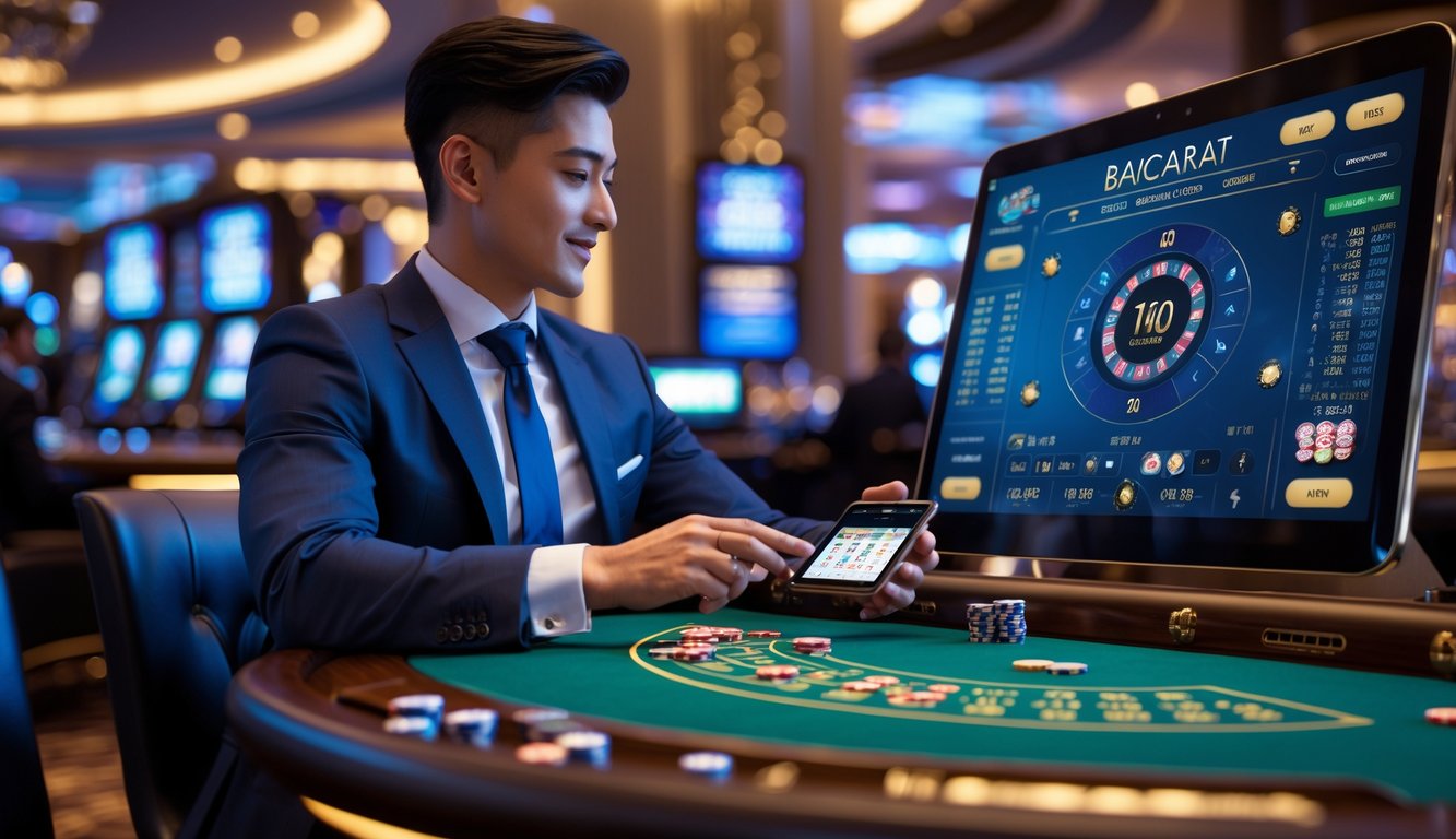 Seseorang duduk di meja baccarat digital di kasino modern sambil menggunakan perangkat elektronik untuk bermain baccarat online.
