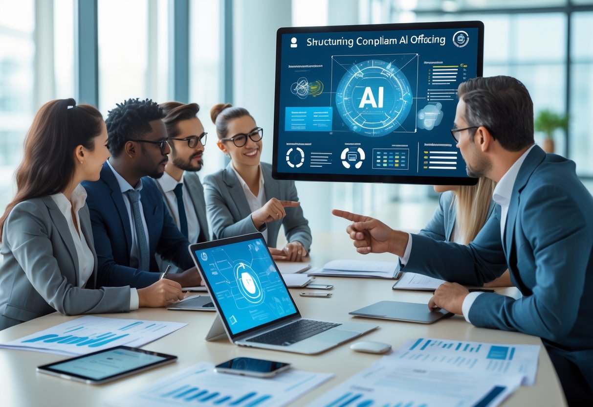 Des professionnels en réunion autour d'une table avec des ordinateurs et des documents, discutant de la conformité et de l’intelligence artificielle.