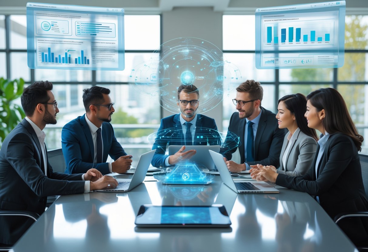 Des professionnels en réunion autour d'une table avec des interfaces numériques flottantes représentant l'intelligence artificielle.