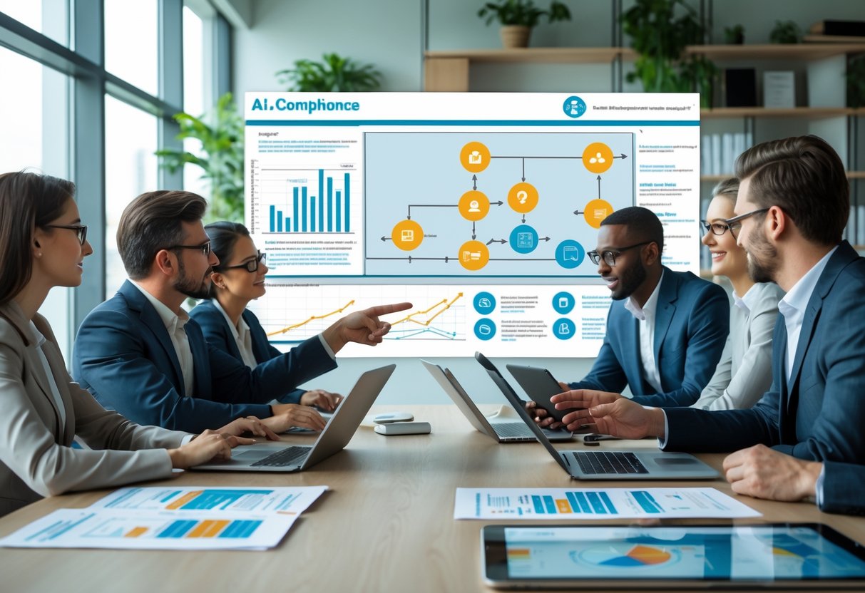 Une équipe de professionnels en réunion autour d'une table avec des écrans et des documents, travaillant ensemble pour structurer une offre conforme avec l'IA.