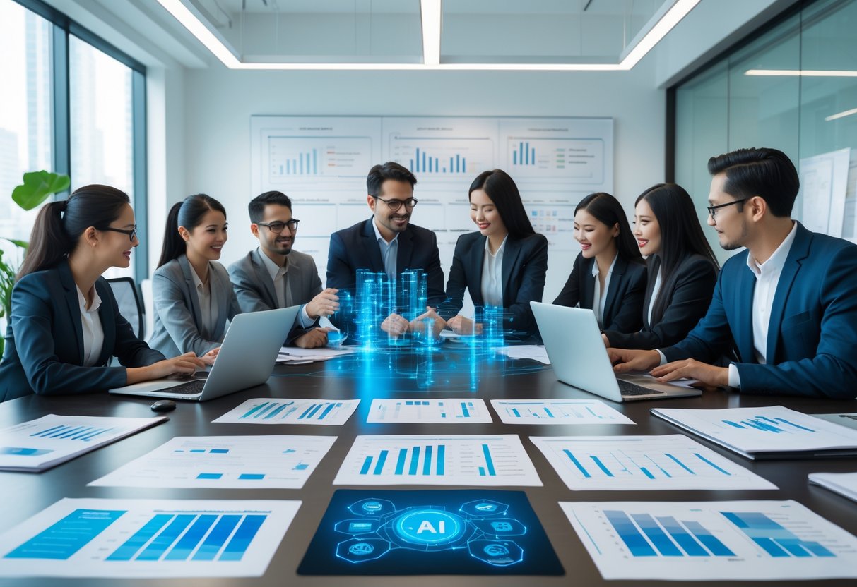 Un groupe de professionnels collaborant autour d'une table de conférence avec des appareils numériques et des documents, dans un bureau moderne lumineux.