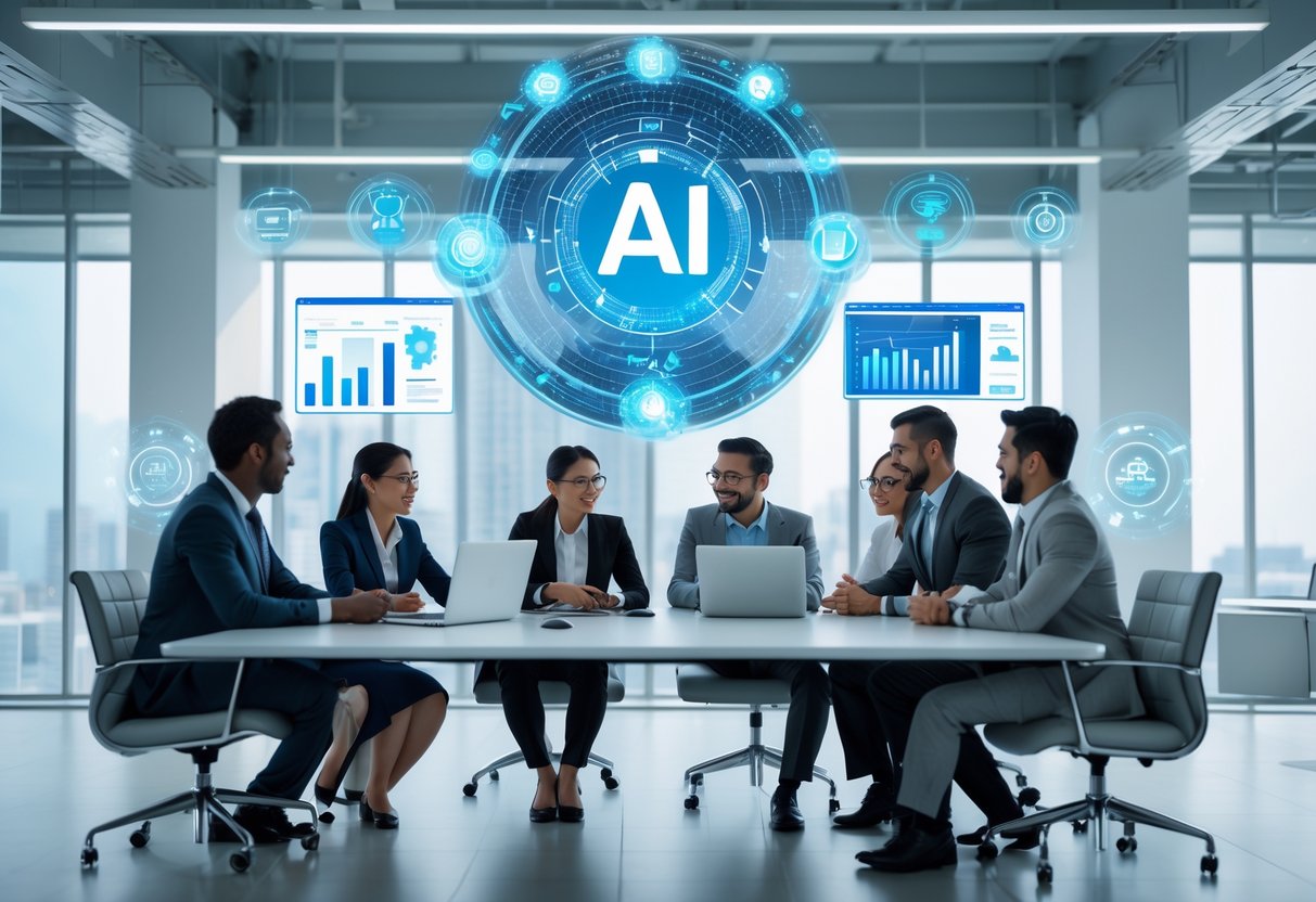 Un groupe de professionnels en réunion autour d'une table de conférence, discutant et utilisant des outils numériques dans un bureau moderne.