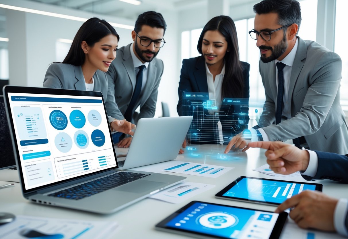 Des professionnels collaborant autour d'un ordinateur portable affichant des graphiques et des schémas dans un bureau moderne lumineux.