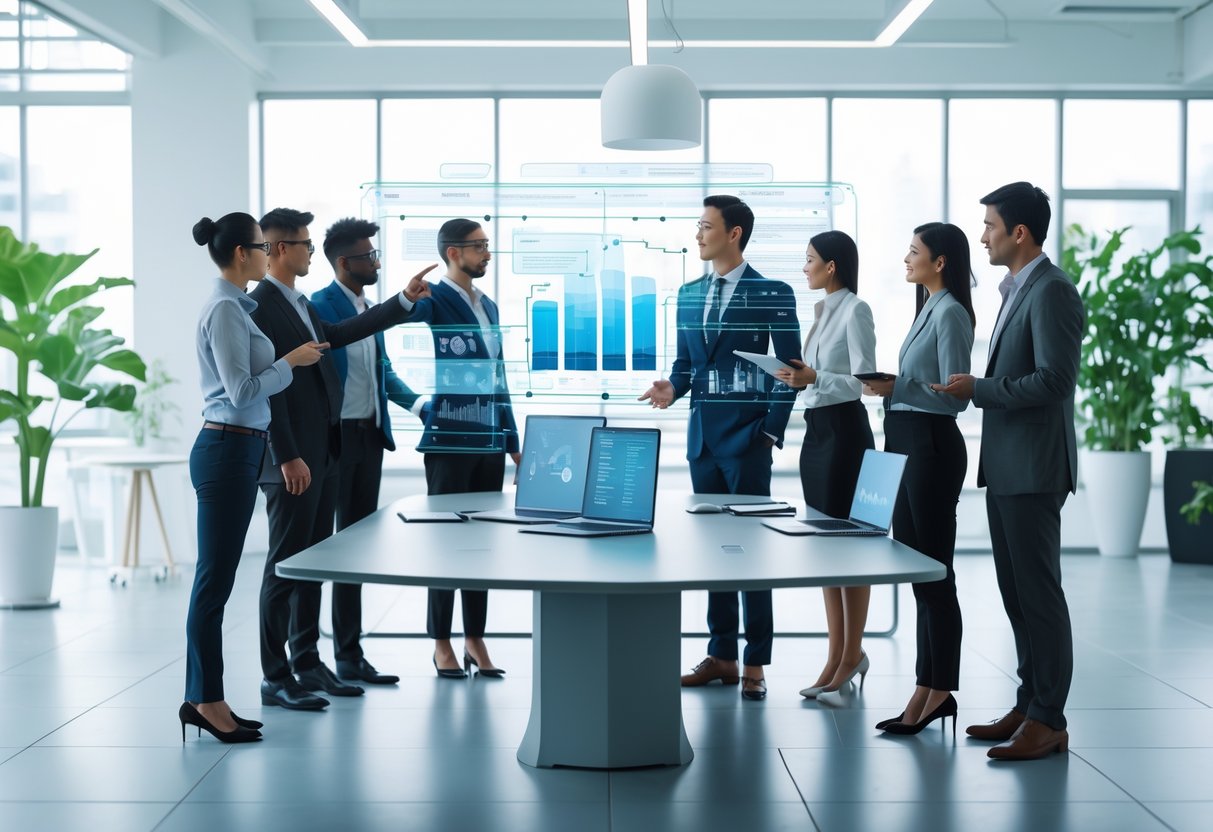 Des professionnels en réunion autour d'une table avec des écrans numériques affichant des données liées à l'intelligence artificielle dans un bureau moderne lumineux.