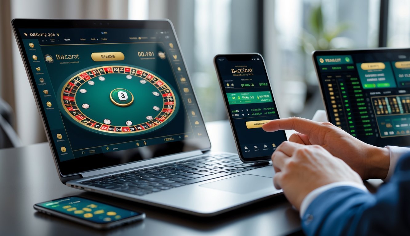 Seseorang menggunakan laptop dan ponsel untuk bermain taruhan baccarat online di meja kerja yang rapi.