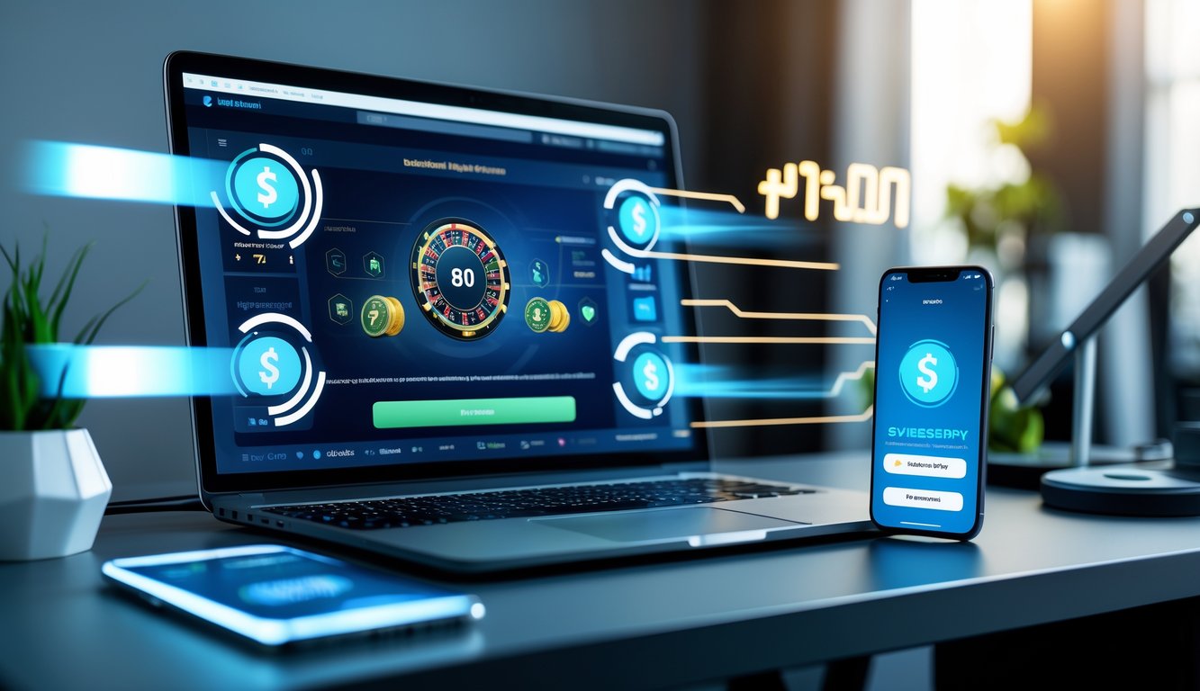 Seorang agen baccarat online sedang bekerja dengan laptop yang menampilkan permainan baccarat dan ponsel yang menunjukkan notifikasi pembayaran berhasil di meja kerja yang rapi.