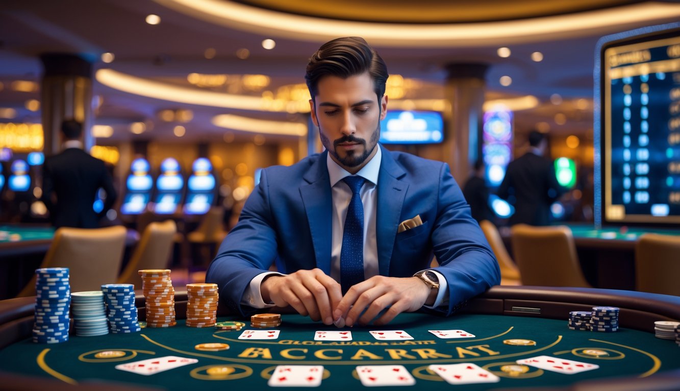Seorang pria duduk di meja permainan baccarat dengan kartu dan chip, tampak fokus dan serius di dalam kasino.