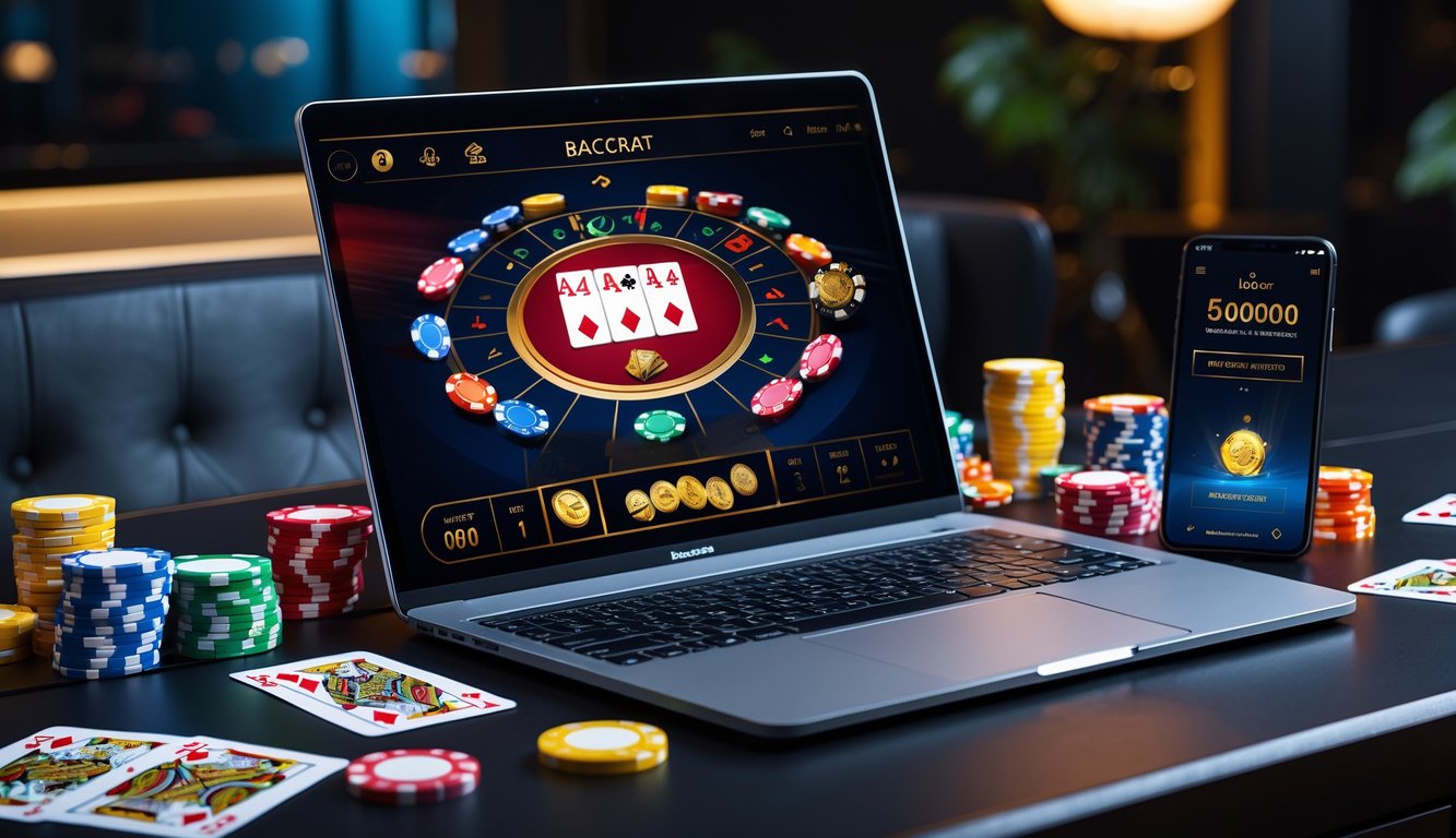 Seorang pemain menggunakan laptop dengan tampilan permainan baccarat online, dikelilingi oleh chip kasino dan kartu remi di atas meja kayu.