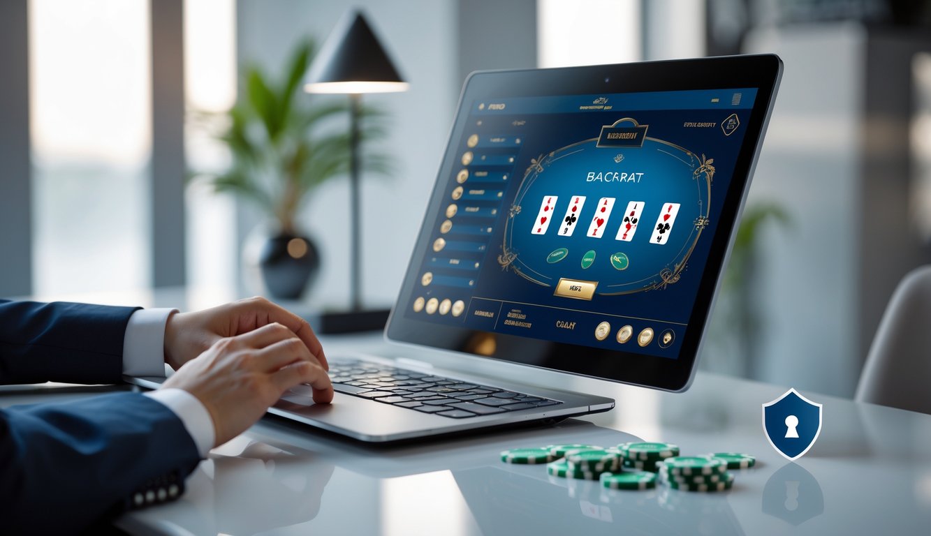 Orang yang sedang bermain permainan baccarat online di komputer dengan suasana yang aman dan profesional.