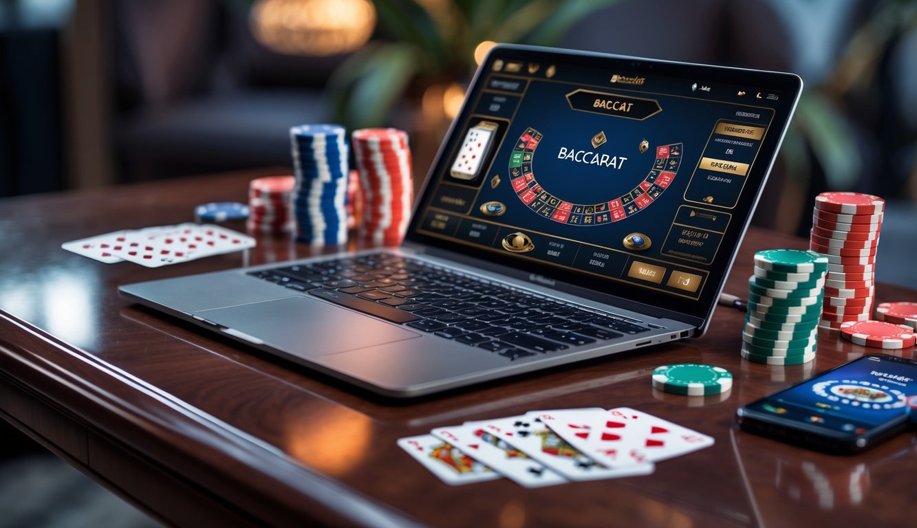 Sebuah meja dengan komputer menampilkan permainan Baccarat online, dikelilingi oleh chip poker dan kartu remi.