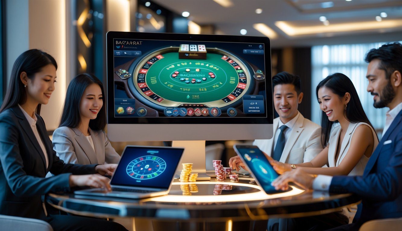Orang-orang bermain baccarat online di depan komputer dan perangkat digital dalam ruangan yang nyaman.