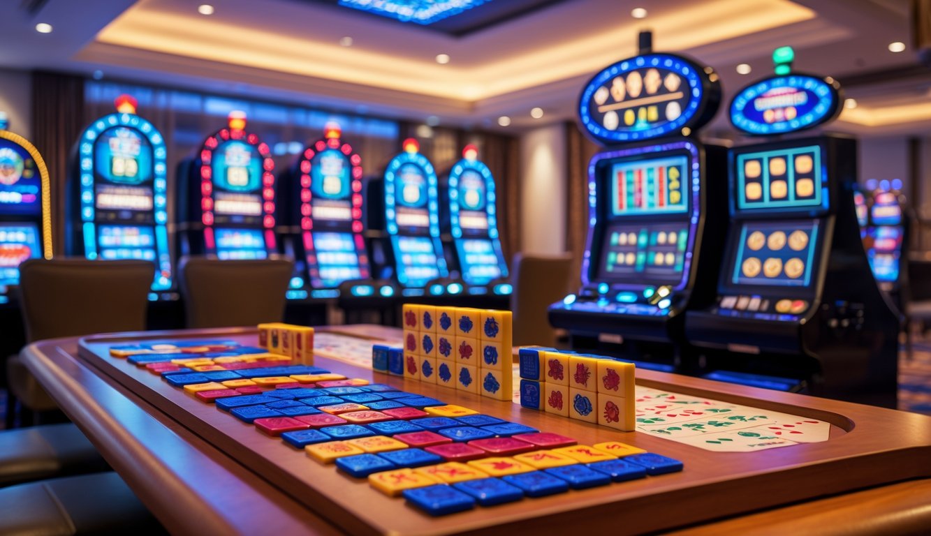 Meja permainan dengan ubin Mahjong berwarna-warni dan mesin slot yang menyala di ruangan kasino modern.
