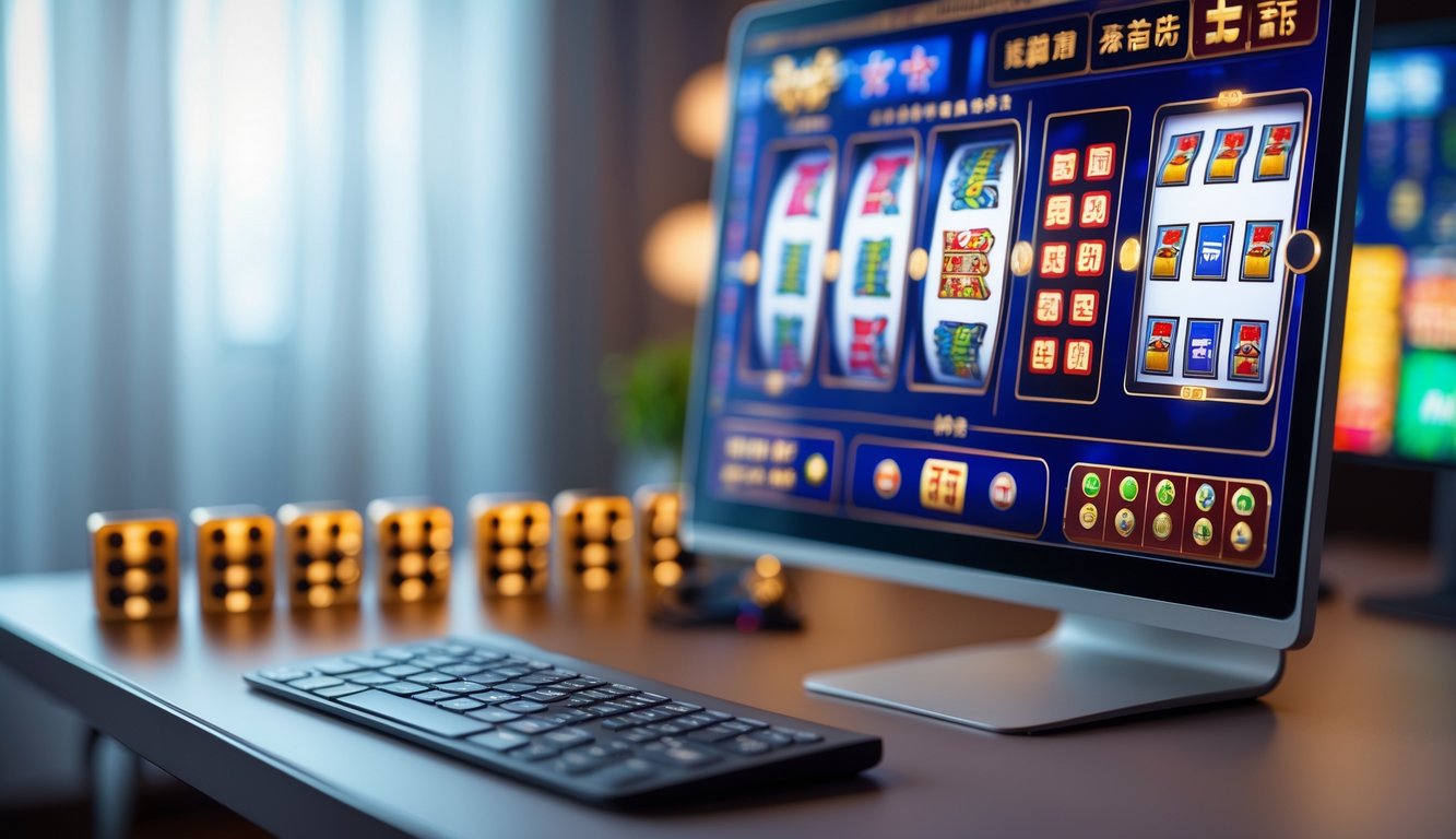 Meja dengan komputer menampilkan permainan slot dan ubin mahjong yang tersusun rapi.