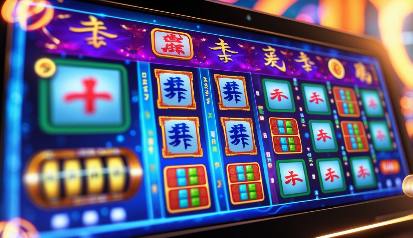 Layar permainan slot digital dengan simbol ubin Mahjong berwarna-warni dan antarmuka permainan yang modern.