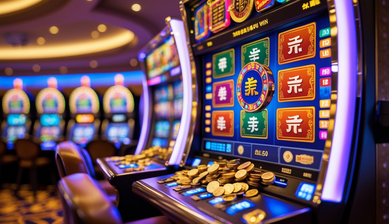 Mesin slot bertema Mahjong dengan ubin Mahjong berwarna-warni dan koin jackpot yang tumpah di kasino mewah.