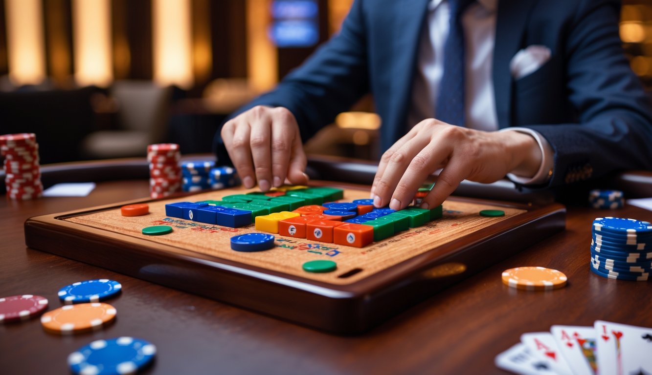 Tangan seseorang sedang mengatur ubin Mahjong di atas meja kayu di suasana kasino.