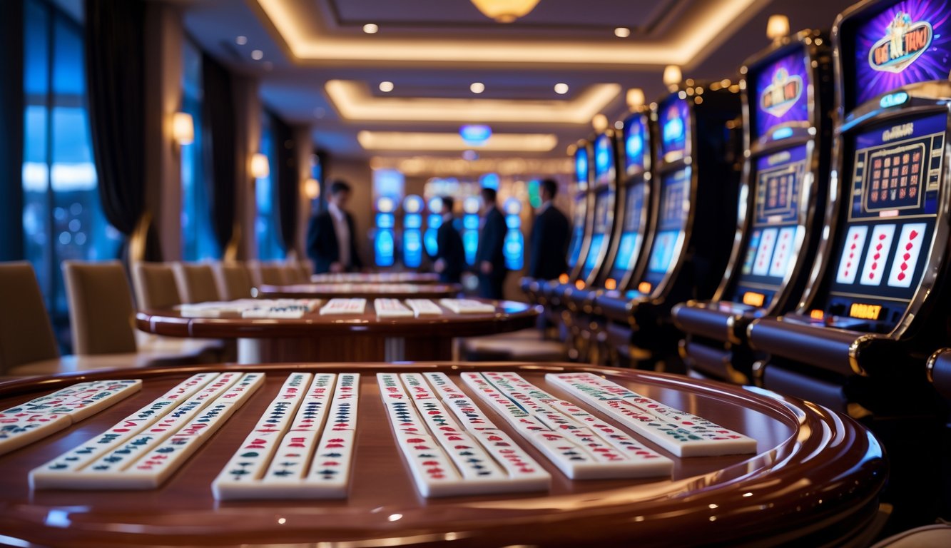 Suasana mewah di dalam kasino dengan meja mahjong dan mesin slot yang menyala.