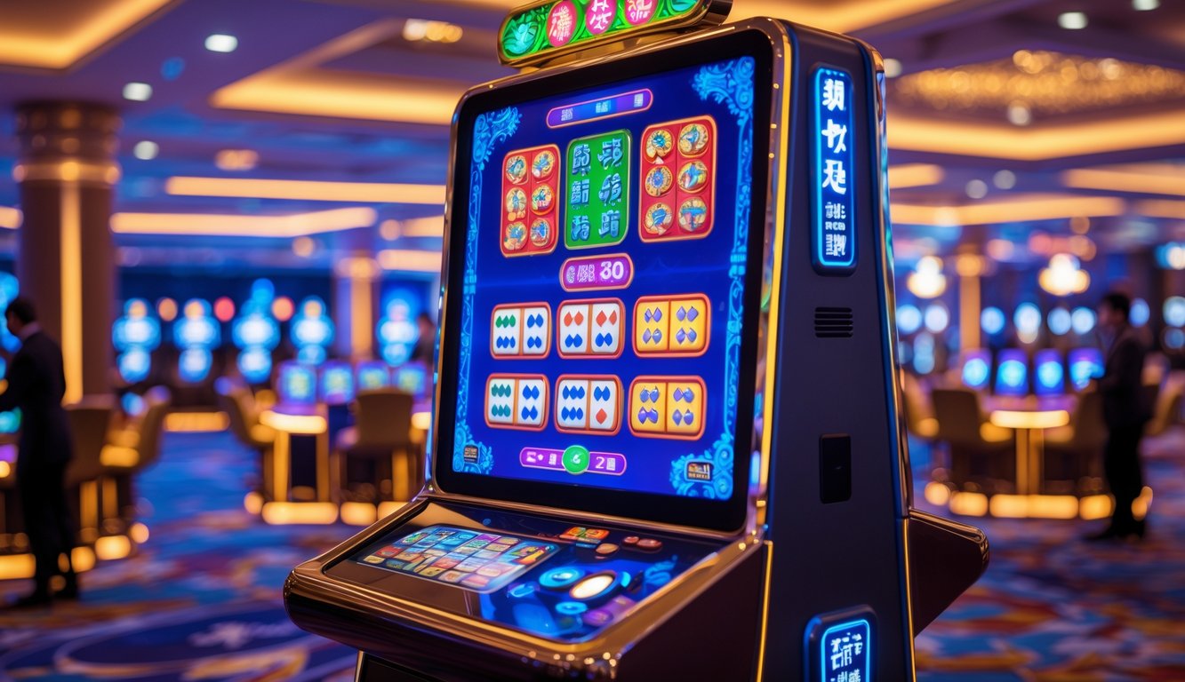 Suasana kasino dengan mesin slot bertema mahjong yang menyala dan beberapa pemain yang terlihat antusias bermain.