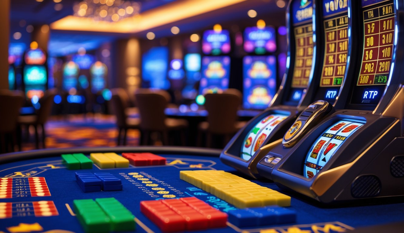 Meja kasino dengan permainan judi Bandar Slot dan Mahjong yang menampilkan ubin Mahjong dan mesin slot dalam suasana kasino yang cerah dan hidup.