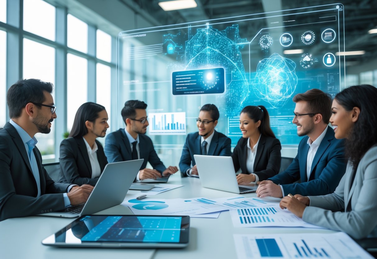 Des professionnels en réunion dans un bureau moderne, discutant de données sur des ordinateurs et des tablettes, avec un écran numérique affichant des graphiques liés à l'intelligence artificielle et aux marchés publics.
