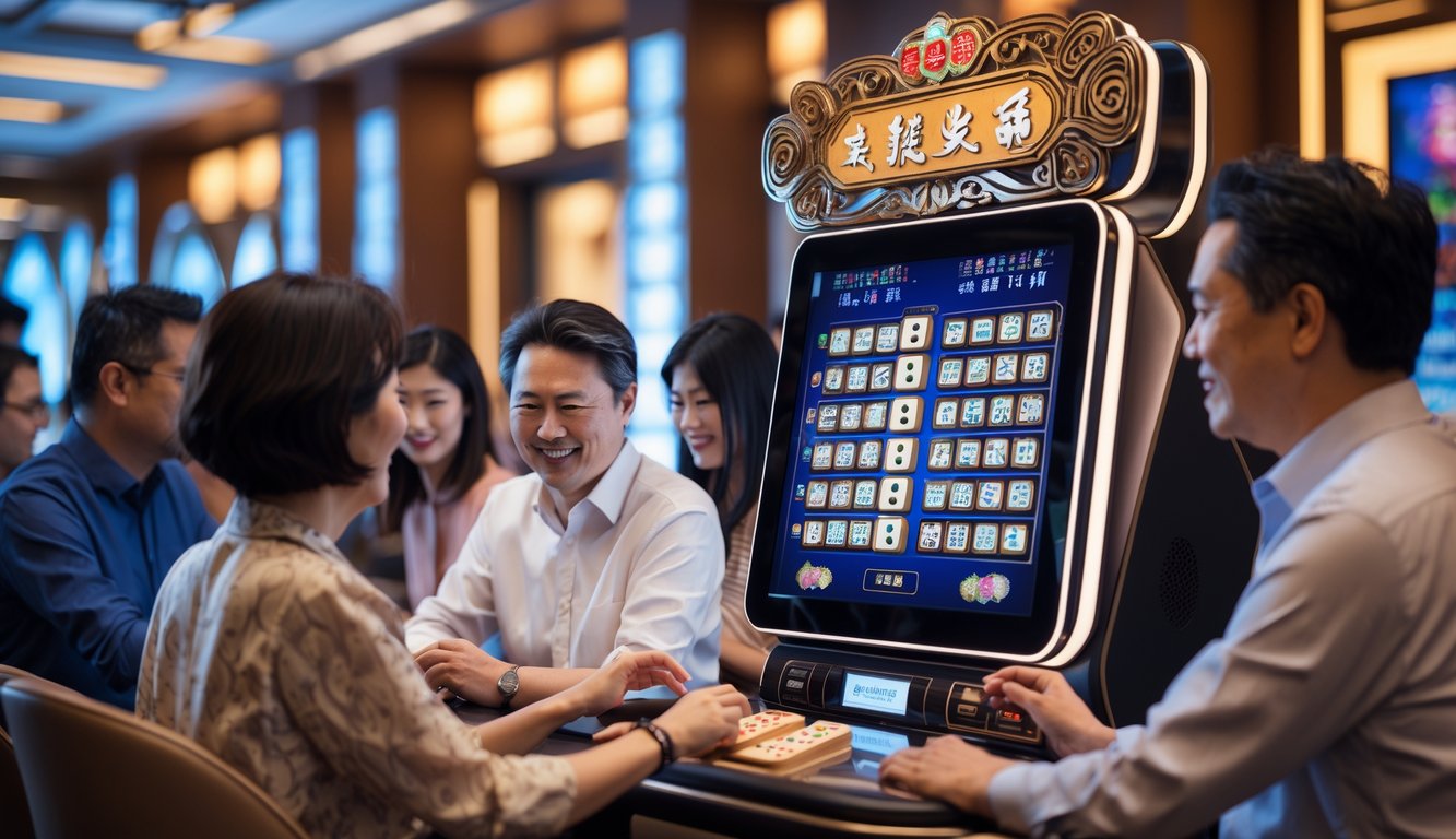 Orang-orang bermain mesin slot Mahjong di ruang permainan dengan pencahayaan yang hangat dan dekorasi bergaya Asia.