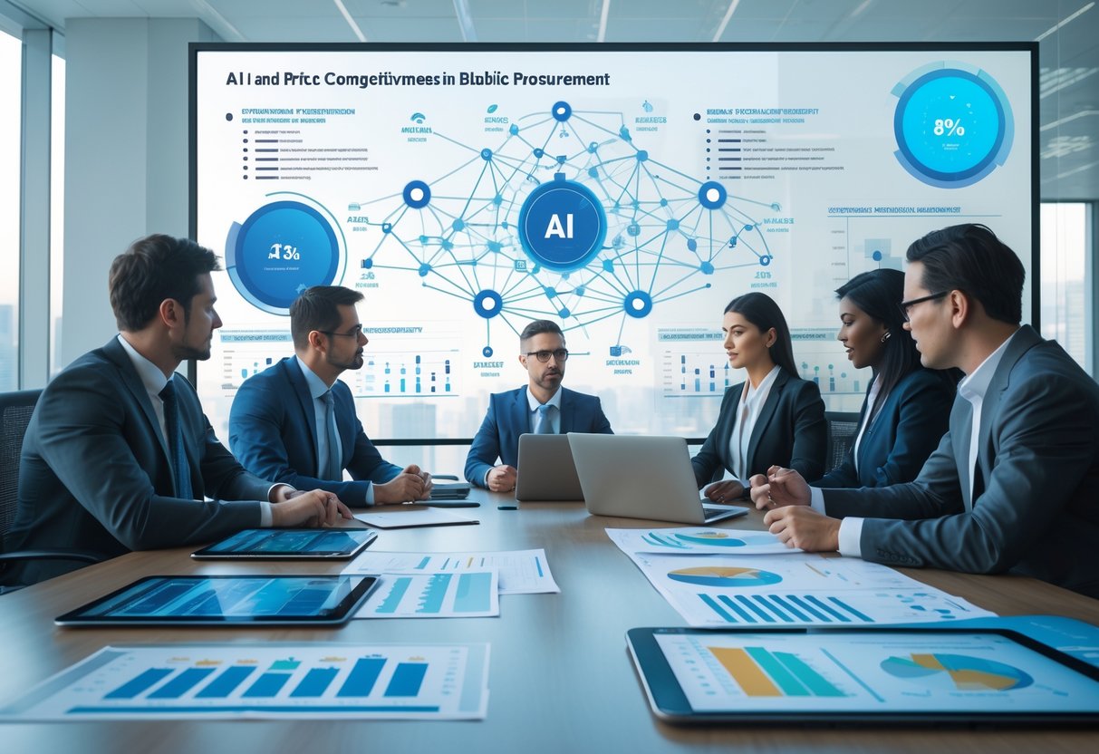 Des professionnels en réunion autour d'une table avec des ordinateurs et des graphiques numériques sur un écran montrant des données liées à l'intelligence artificielle et à la compétitivité des prix dans les marchés publics.