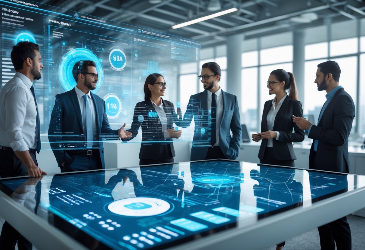 Des professionnels discutant autour d'une table numérique affichant des graphiques et des données sur les prix dans un bureau moderne.